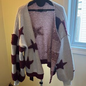 POL Burgundy and Cream Star Cardigan